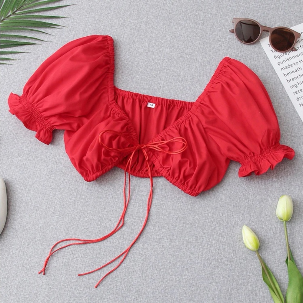 NWOT red cropped top with front tie and ruffle puff sleeve size small